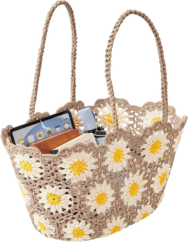HAND KNITTED CROCHET DAISY TOTE  BAG