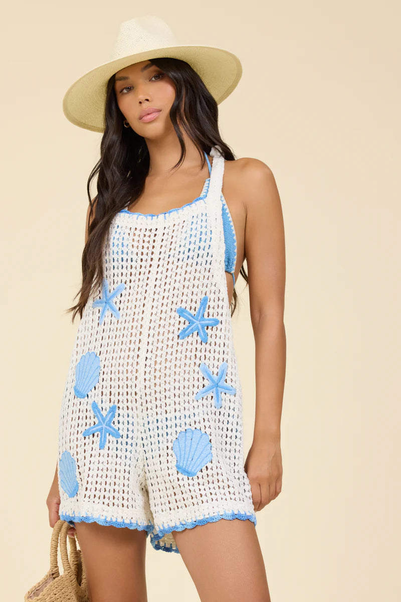 WHITE W/TONAL BLUES CROCHET ROMPER W/EMB