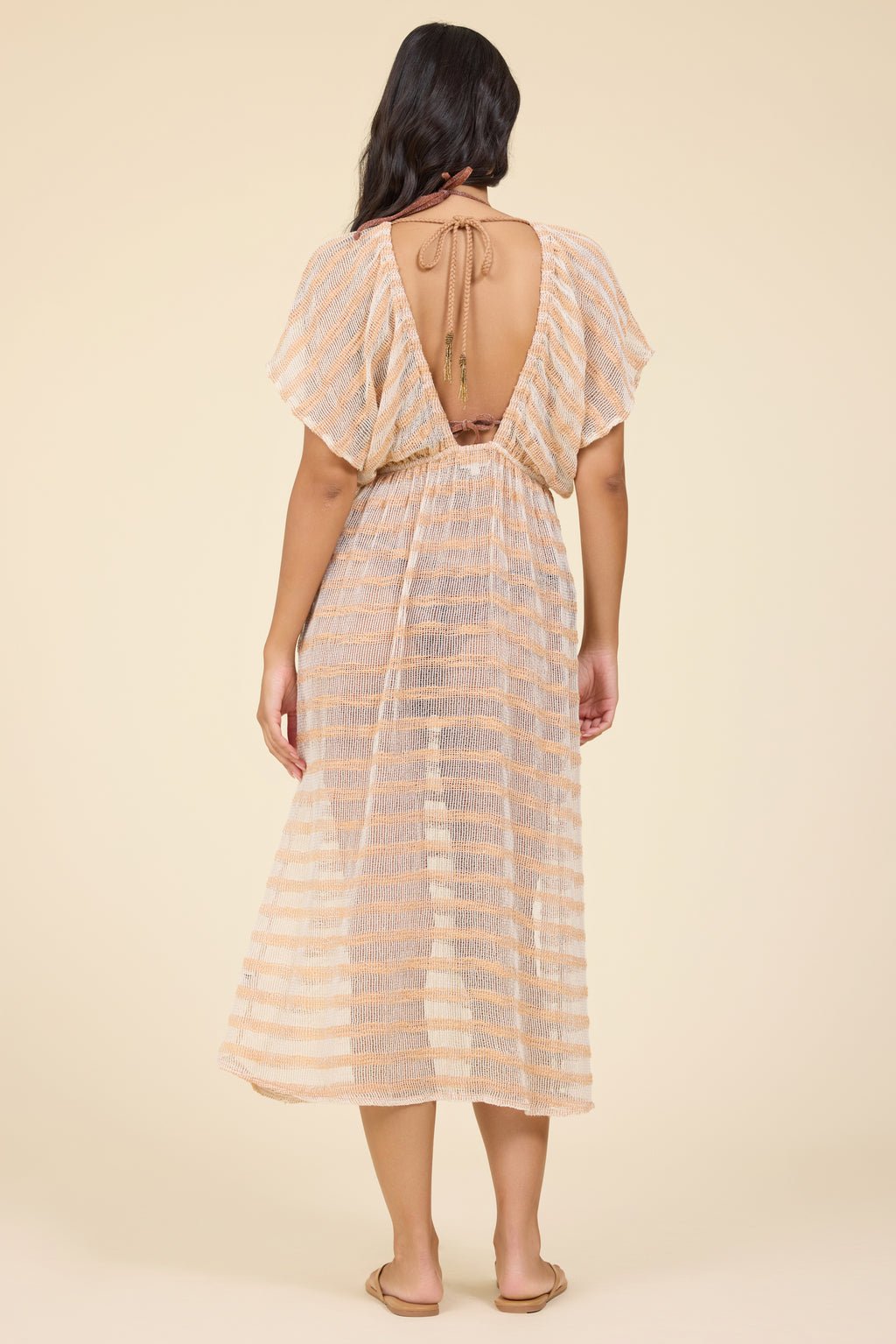 WARM SAND/IVORY LUREX STRIPE MESH MAXI DRESS - Sax Style