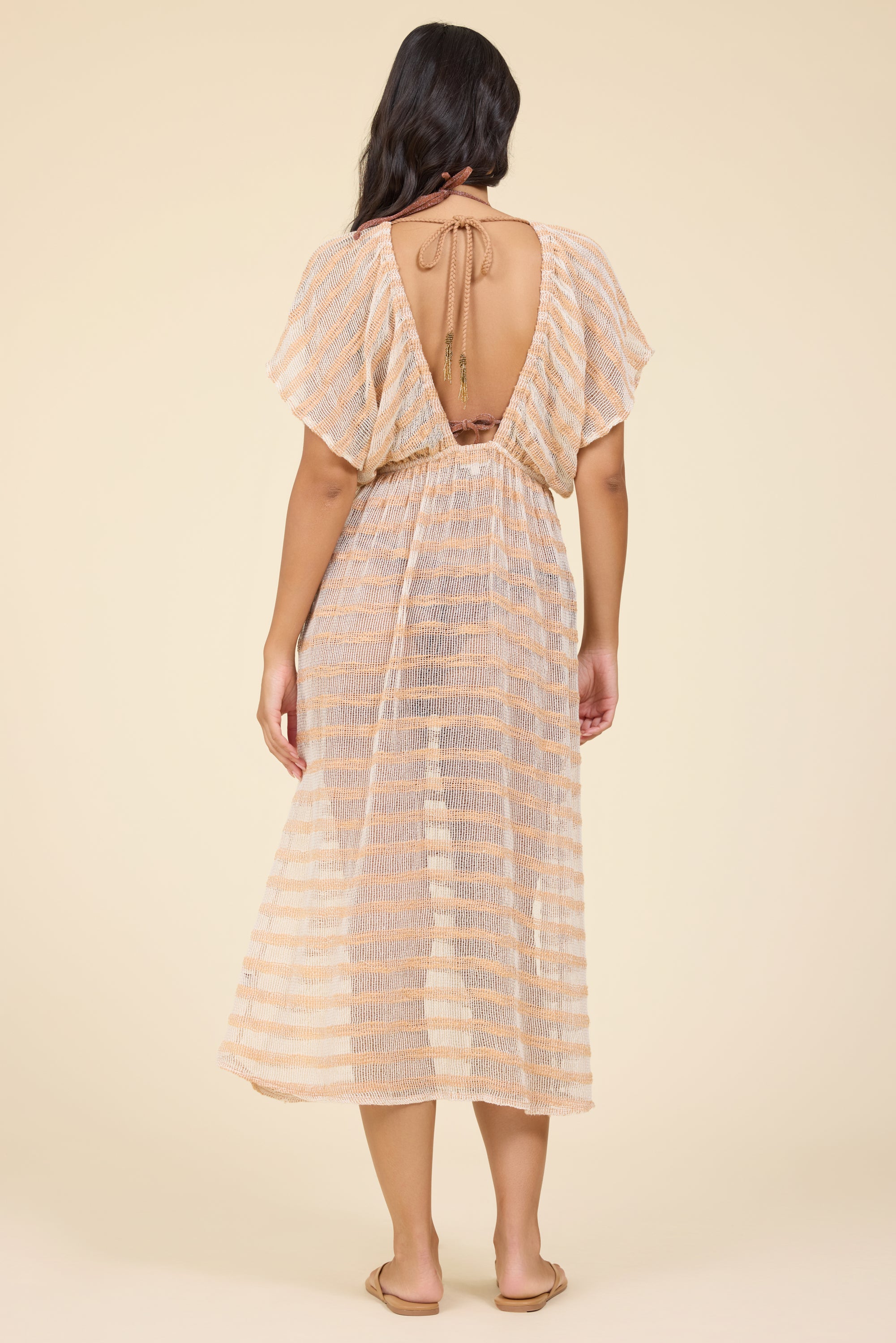 WARM SAND/IVORY LUREX STRIPE MESH MAXI DRESS - Sax Style