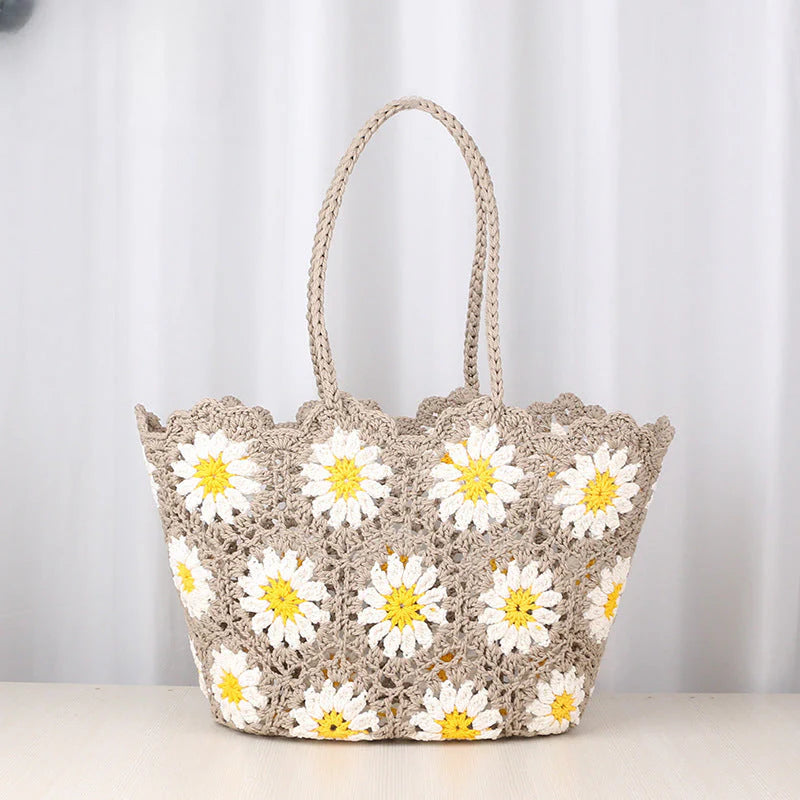 HAND KNITTED CROCHET DAISY TOTE  BAG