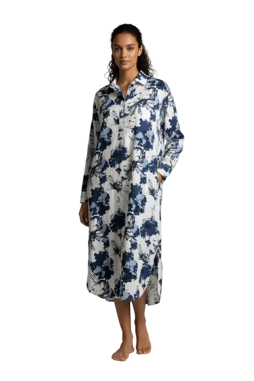 BLUE FLOWER BEACH SHIRT DRESS