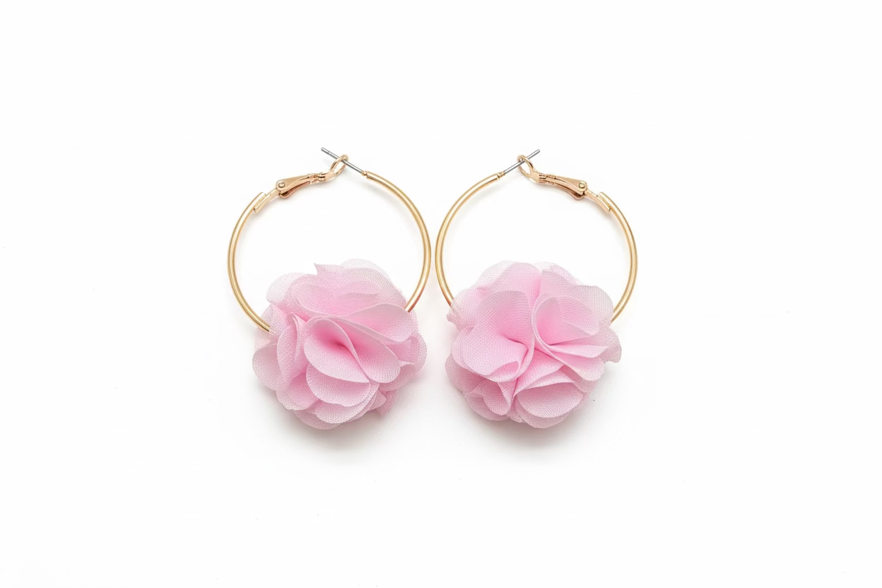 CIRCULAR EARRINGS WITH FABRIC FLOWER