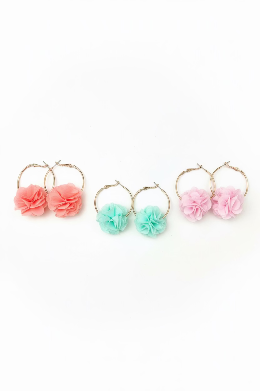 CIRCULAR EARRINGS WITH FABRIC FLOWER