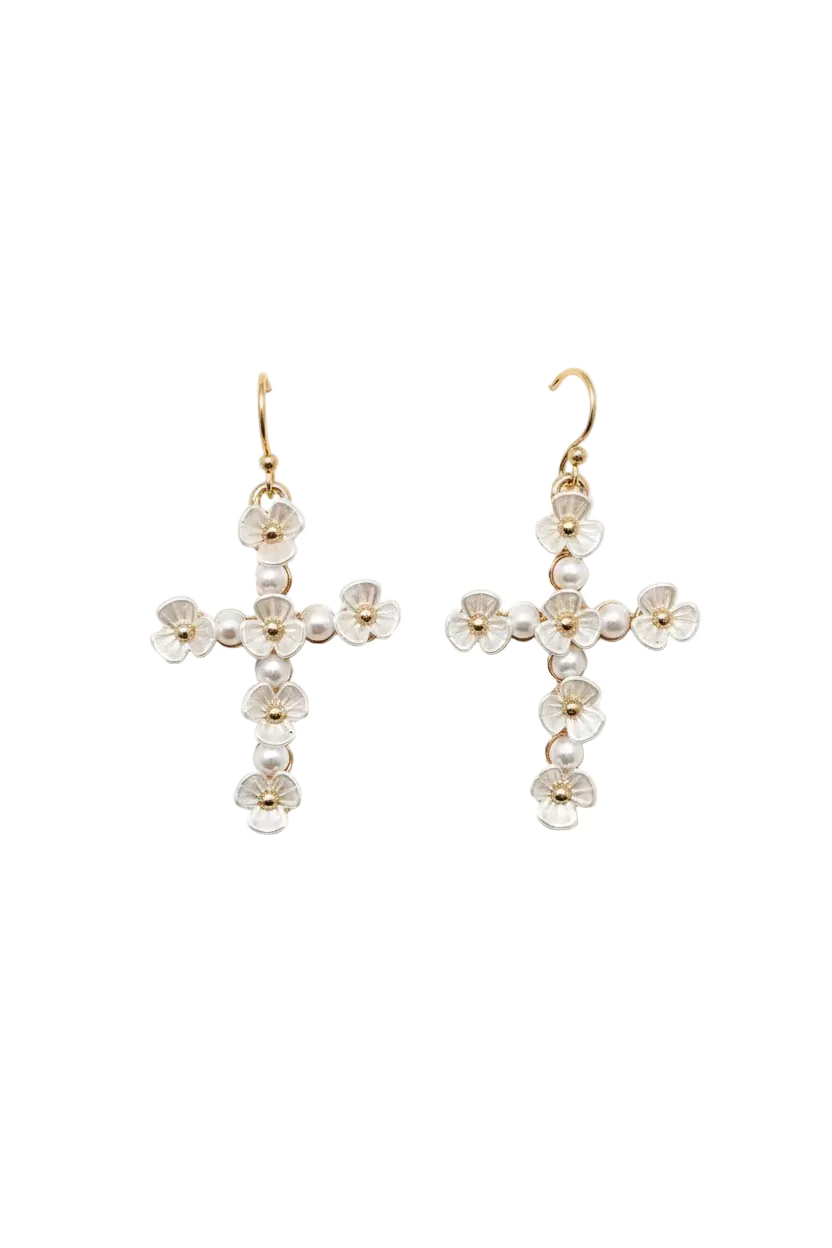 CROSS EARRINGS WITH PEARL FLOWERS