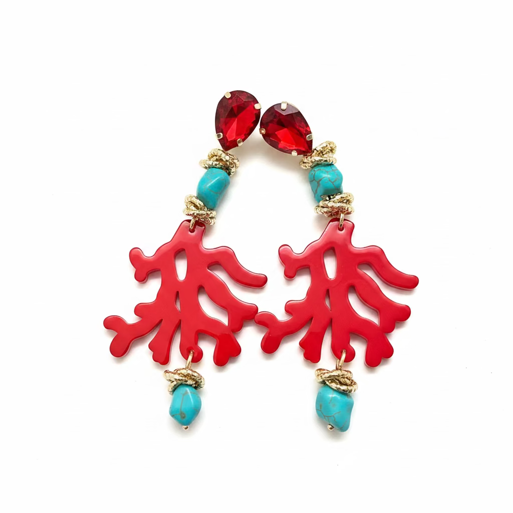 CORAL EARRINGS WITH SHINY STONE