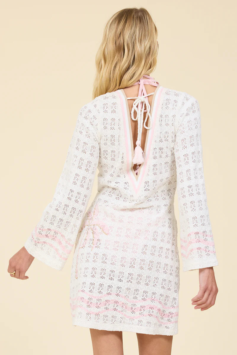 IVORY/SUNSET PALM PRINT LONG SLEEVE MINI DRESS W STRIPED TRIM