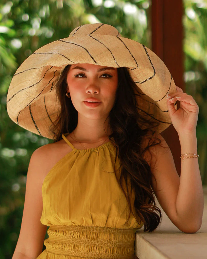 Monica 5" & 7" Wide Brim Multicolor Pinstripe Pattern Packable Straw Sun Hats