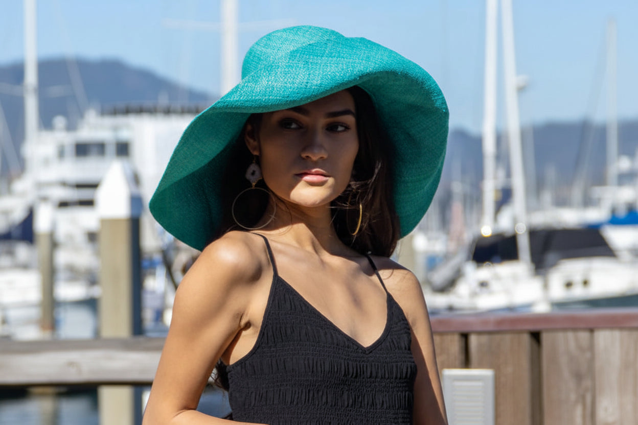 Monica 5" & 7" Wide Brim Solid Color Packable Straw Sun Hats TURQUOISE