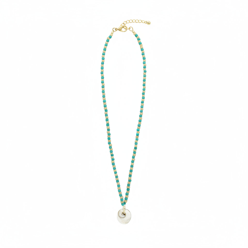 NECKLACE WITH COLOURED BEADS AND A SEASHELL
