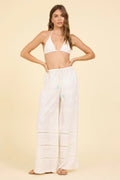 WHITE PALM EYELET WIDE LEG PANTS - Sax Style