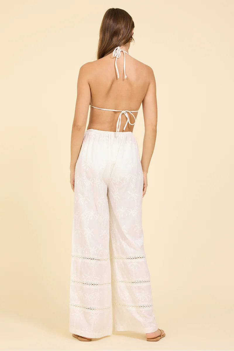 WHITE PALM EYELET WIDE LEG PANTS - Sax Style