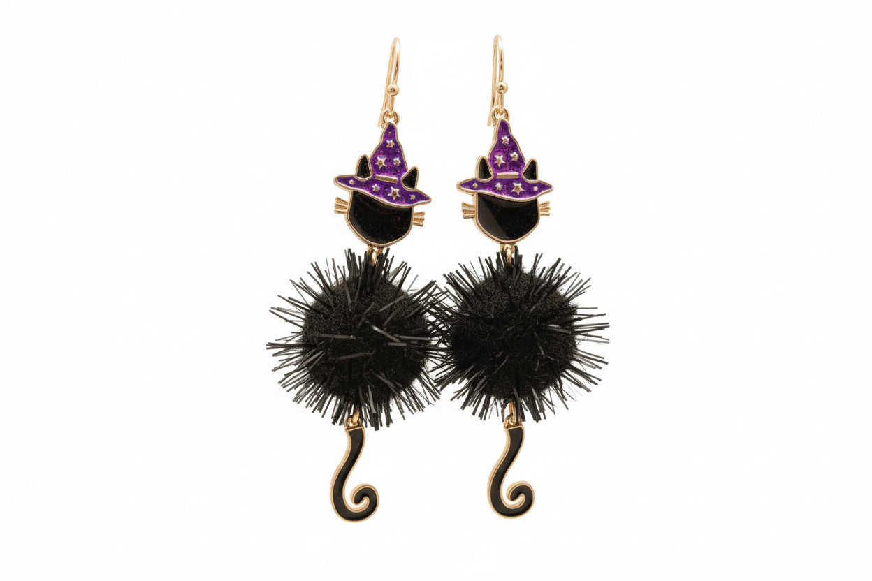 BLACK CAT WITH HALLOWEEN HAT EARRINGS