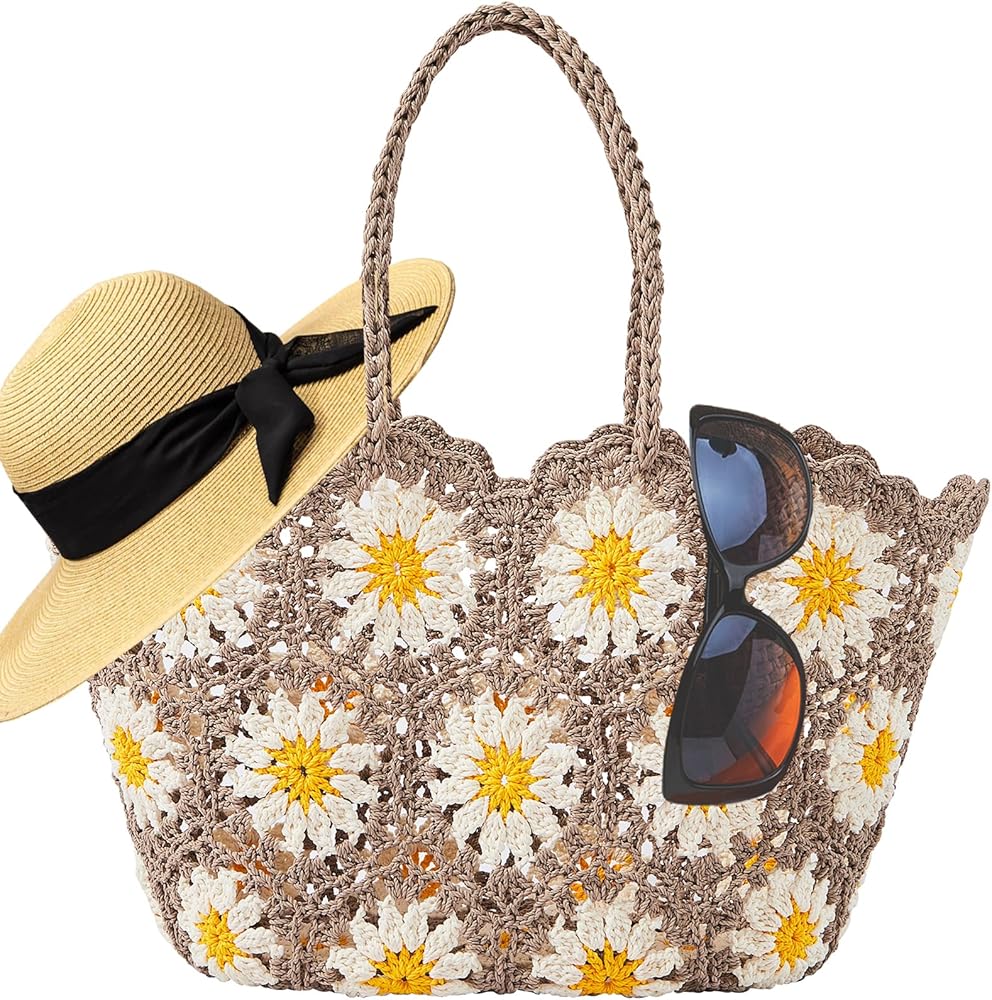 HAND KNITTED CROCHET DAISY TOTE  BAG