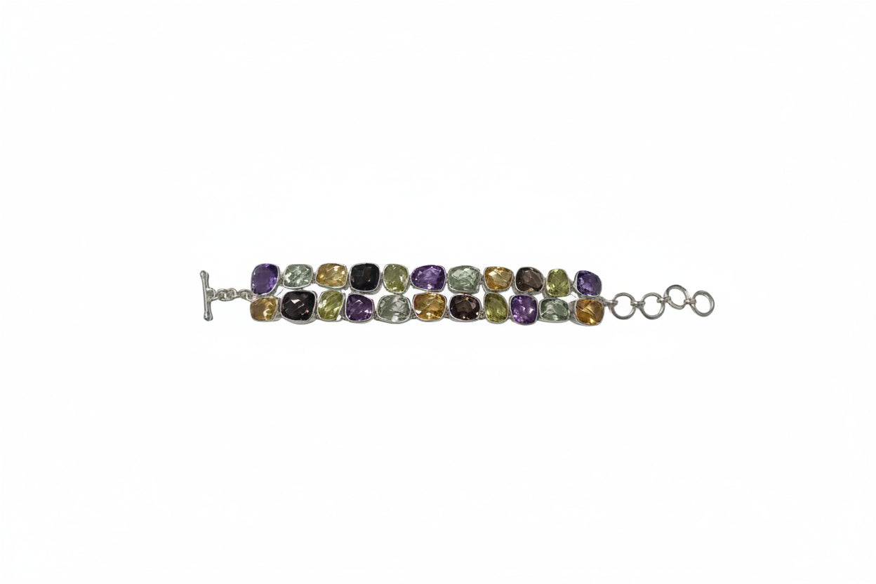 MULTI GEM STONE BRACELET  SET IN STERLING SILVER WITH AMETHYST, PERIDOT, CITRINE,BLUE QUARTZ GEMS - Sax Style