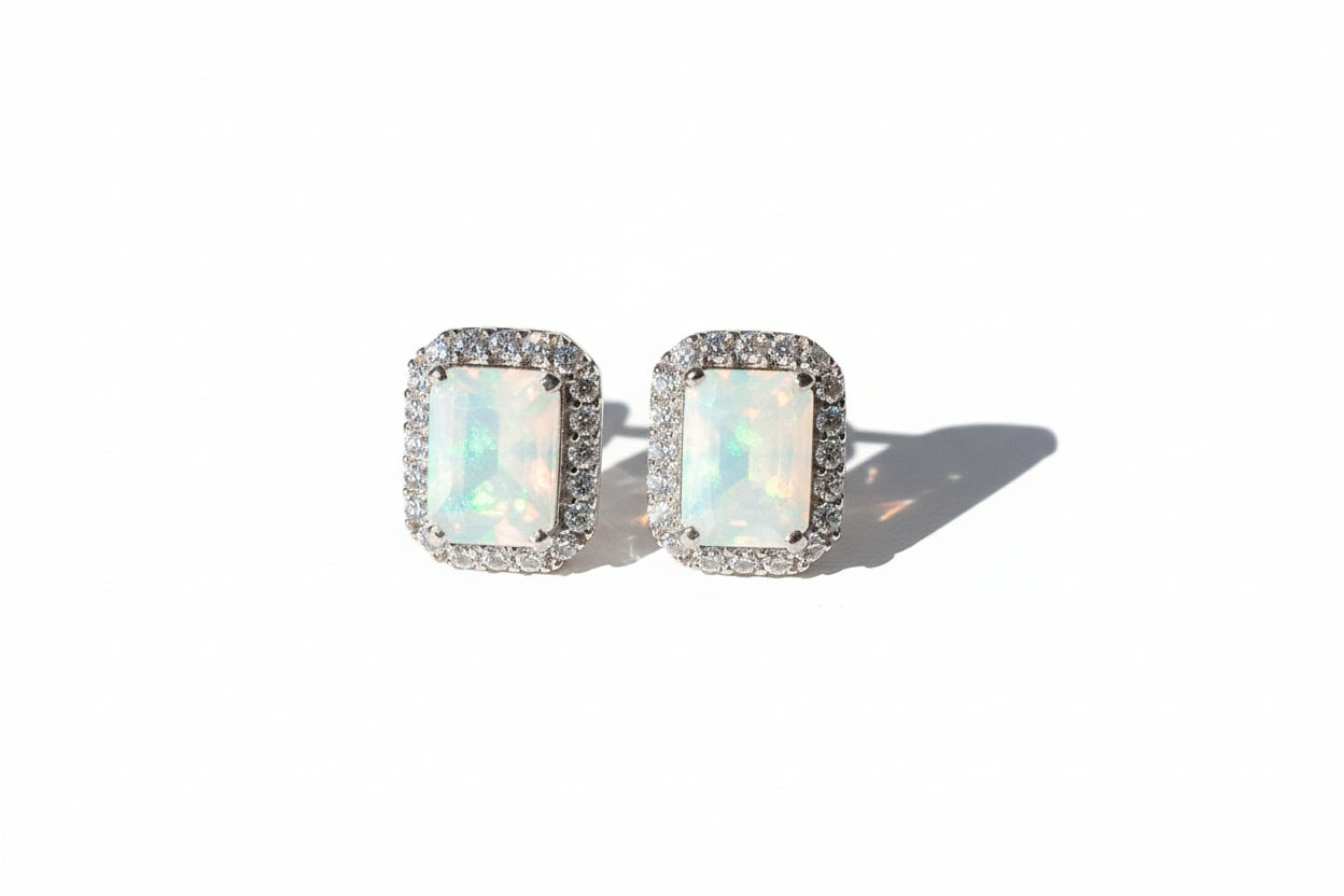 STUD EARRINGS ETHIOPIAN OPAL W/CRYSTALS SET IN STERLING SILVER - Sax Style