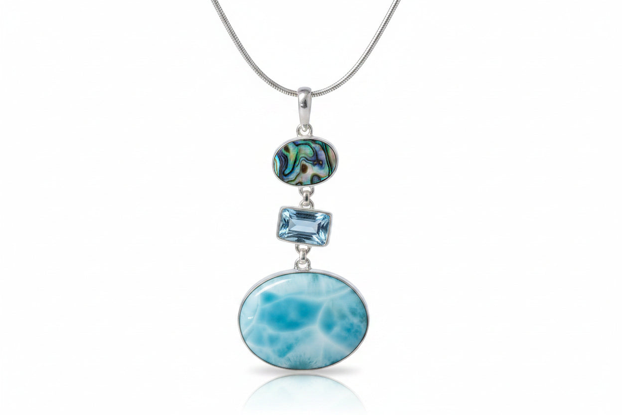 LARIMAR, BLUE TOPAZ, ABALONE SHELL SET IN SETERLING SILVER - Sax Style