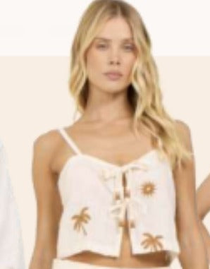 SUN AND SAND PRINT EMBROIDERED TIE FRONT TANK - Sax Style