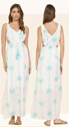 IVORY/AQUA STRIPED PALM EMB MAXI DRESS - Sax Style
