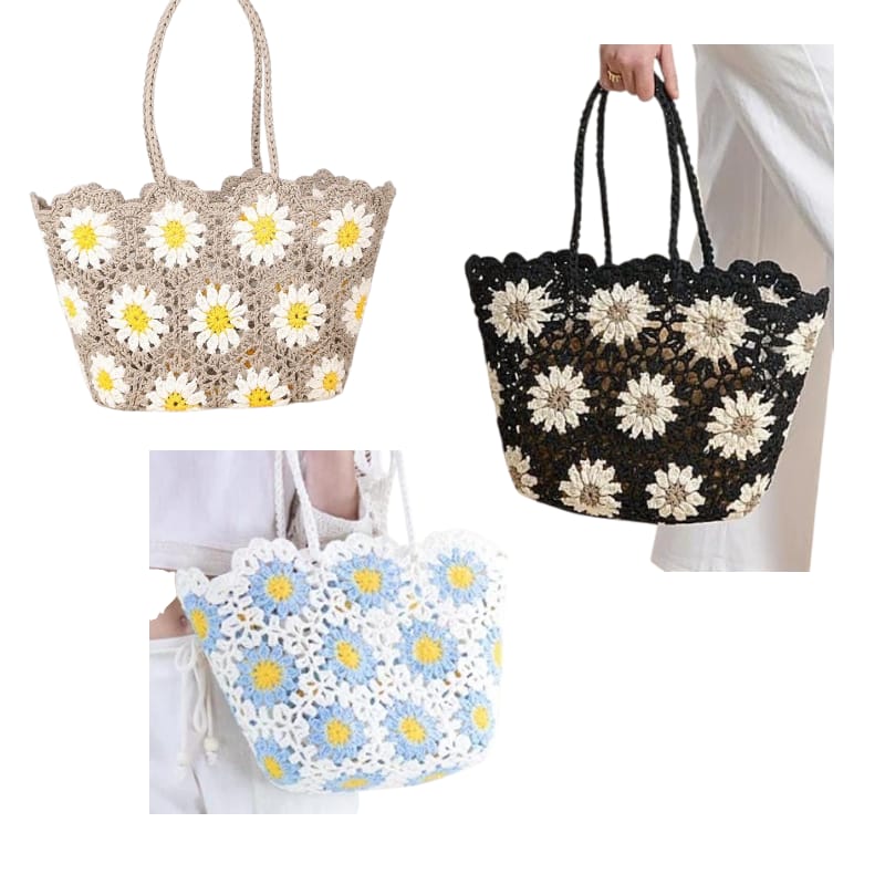 HAND KNITTED CROCHET DAISY TOTE  BAG