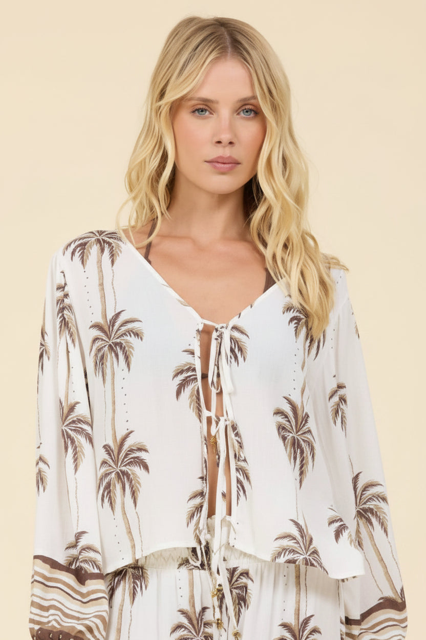 LUXE PALM PRINTEDBALLOON SLEEVE TIE FRONT TOP