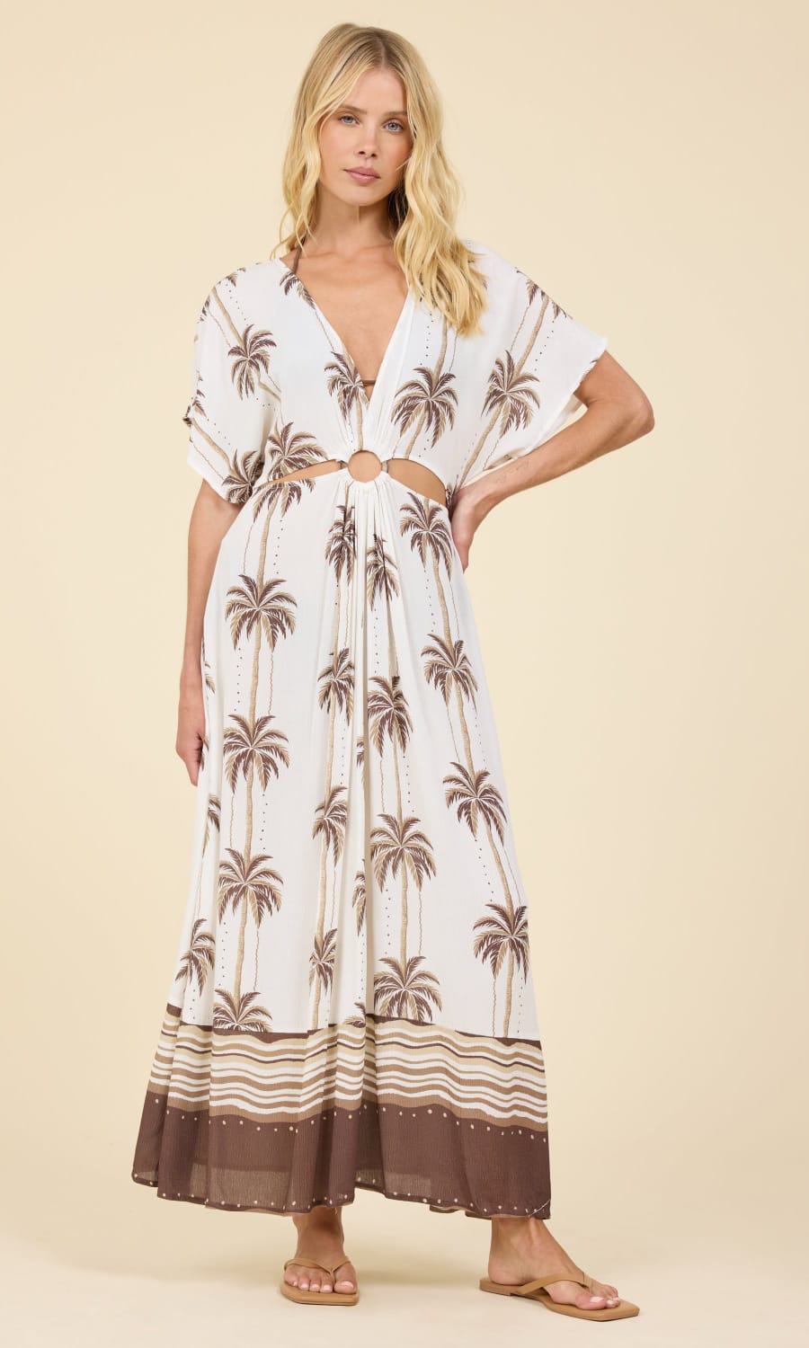 LUXE PALM PRINTED O-RING MAXI DRESS