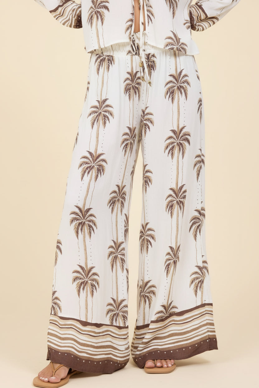 LUXE PALM PRINTED SMOCKED WIDE LEG PANT