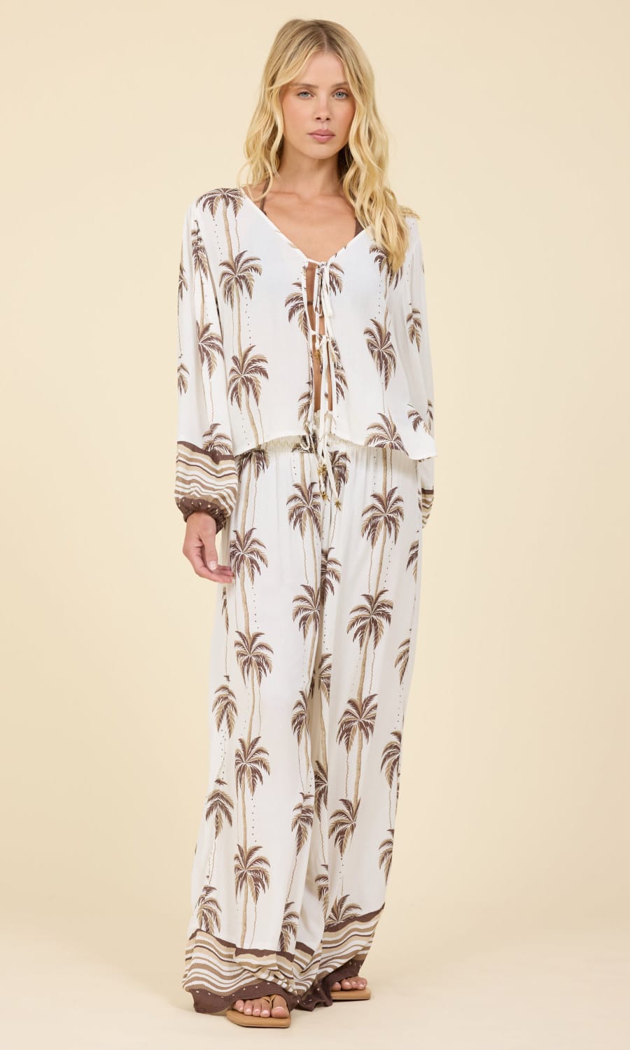 LUXE PALM PRINTED SMOCKED WIDE LEG PANT