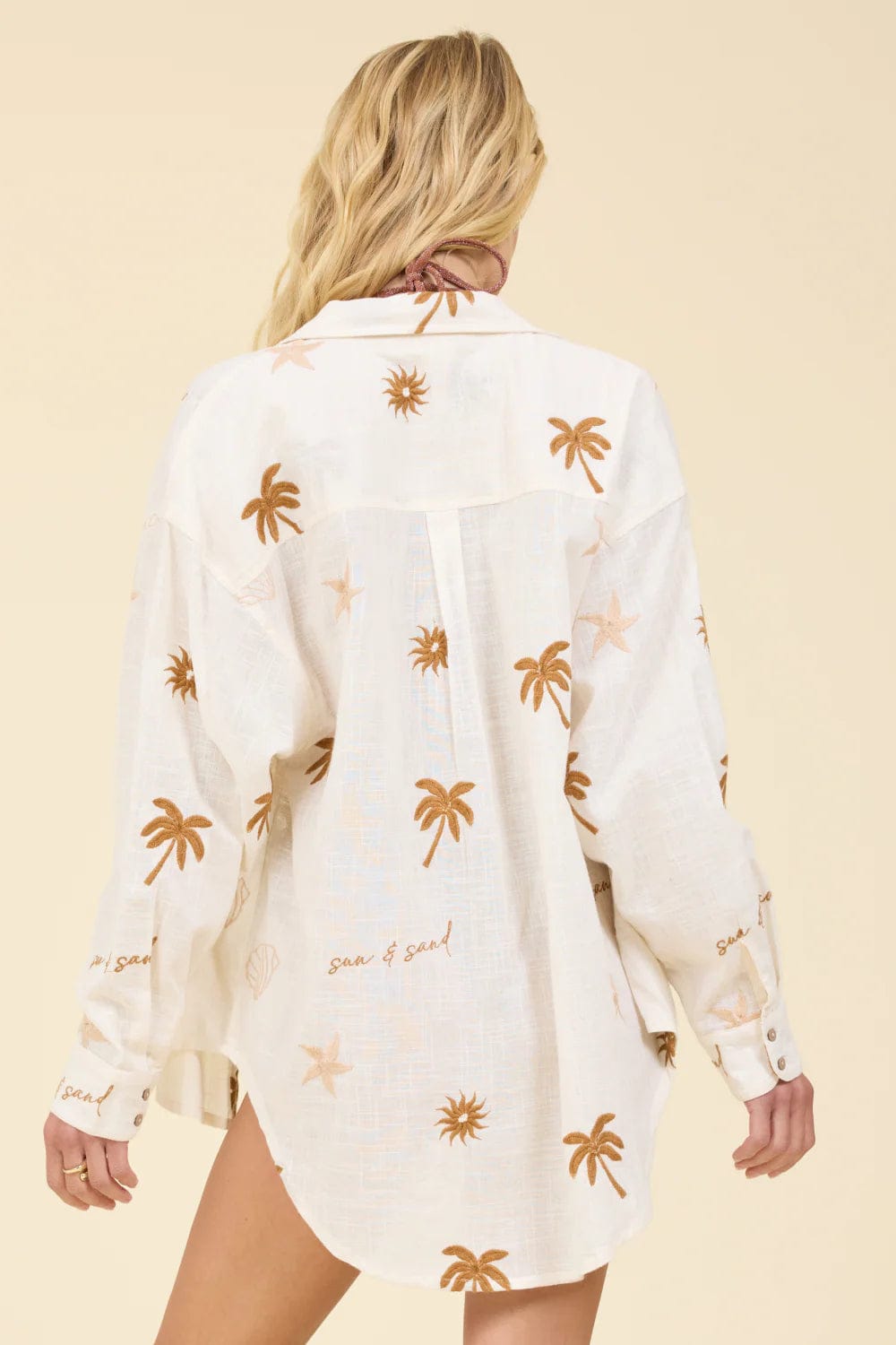 SUN AND SAND PRINT EMBROIDERED SHORT SLEEVE BUTTON DOWN