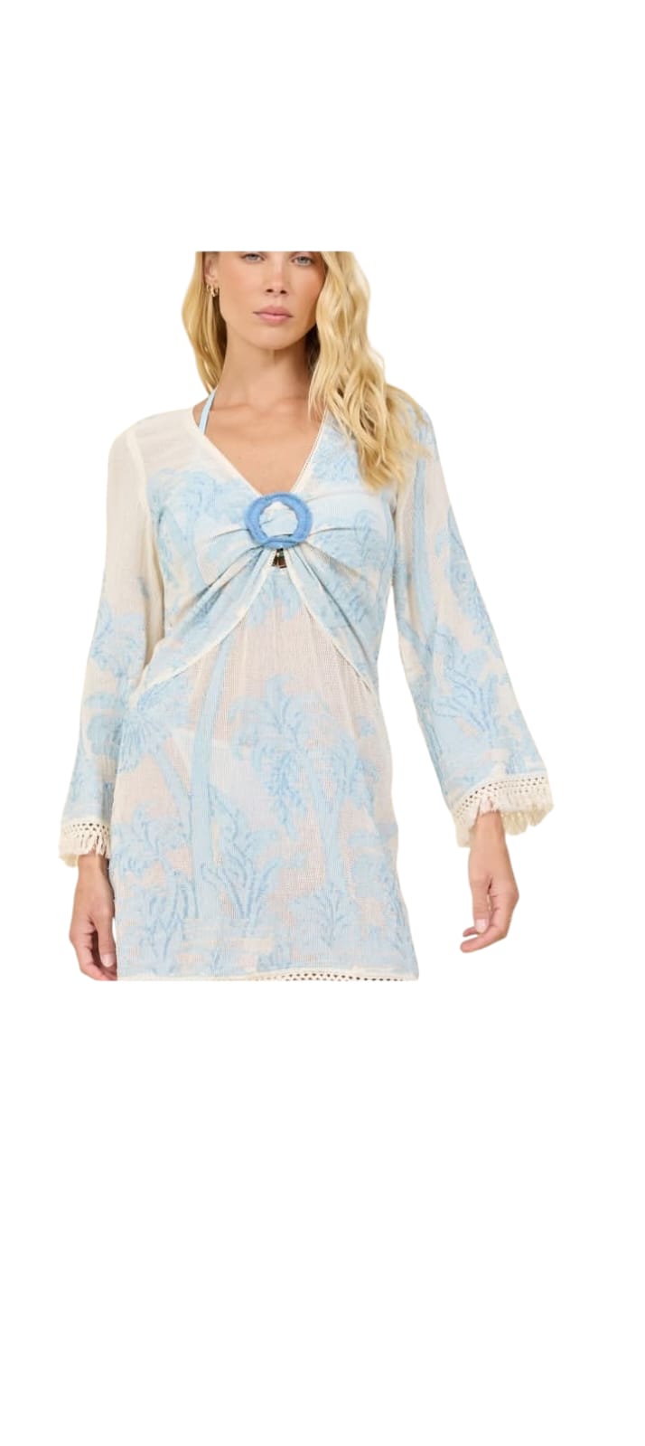 TROPICAL LANDSCAPE O-RING MINI DRESS W BELL SLEEVES