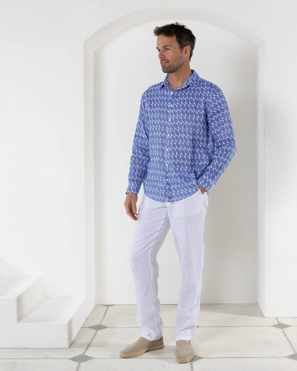 MENS LINEN SHIRT (STRIPED SHEIL,NAVY) - Sax Style
