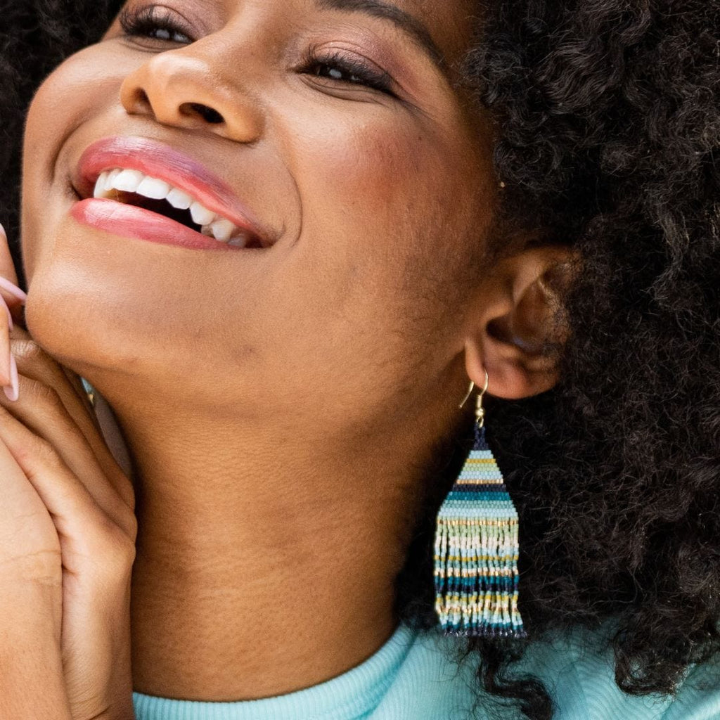 Lexie Horizontal Stripes Beaded Fringe Earrings Blue - Sax Style