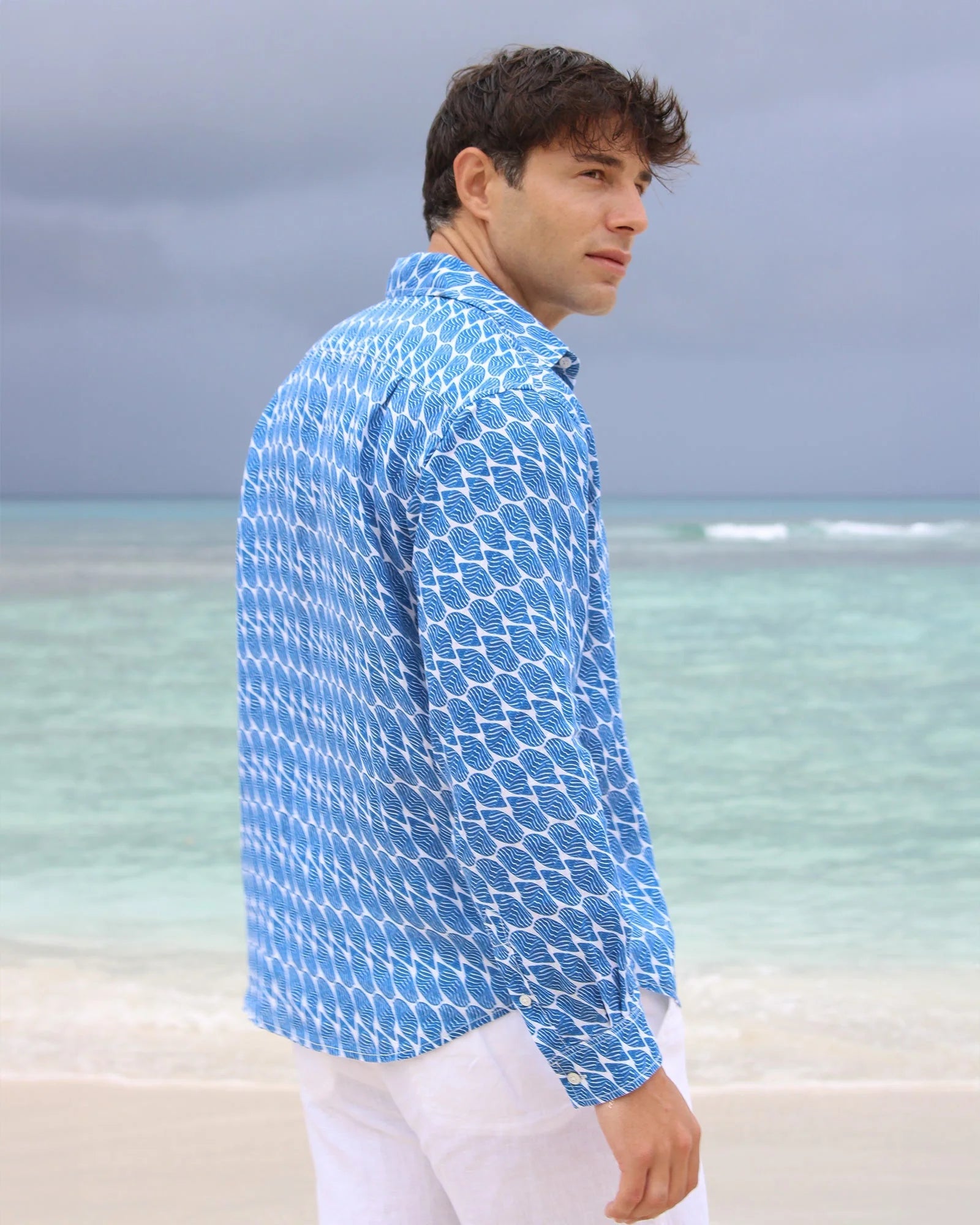 MENS LINEN SHIRT (STRIPED SHEIL,NAVY) - Sax Style