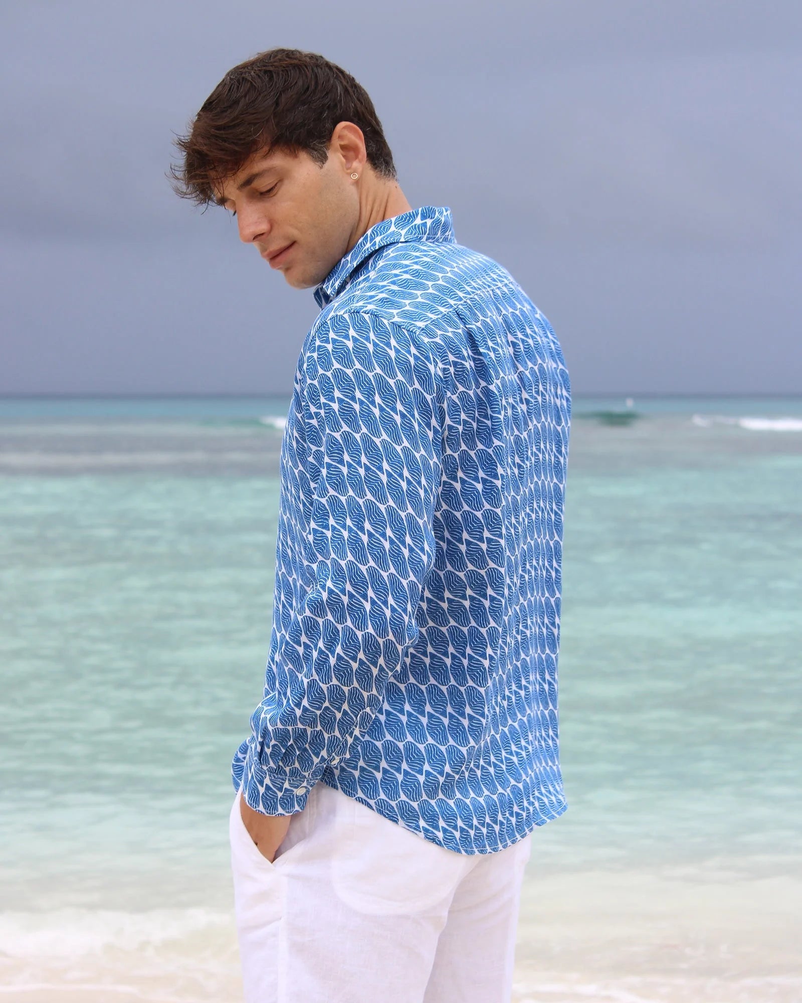 MENS LINEN SHIRT (STRIPED SHEIL,NAVY) - Sax Style