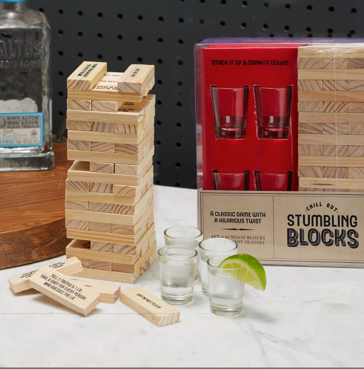 STUMBLING BLOCKS INCL 4 SHOT GLASS AND 60 WOODEN BLOCKS IN GIFT BOX