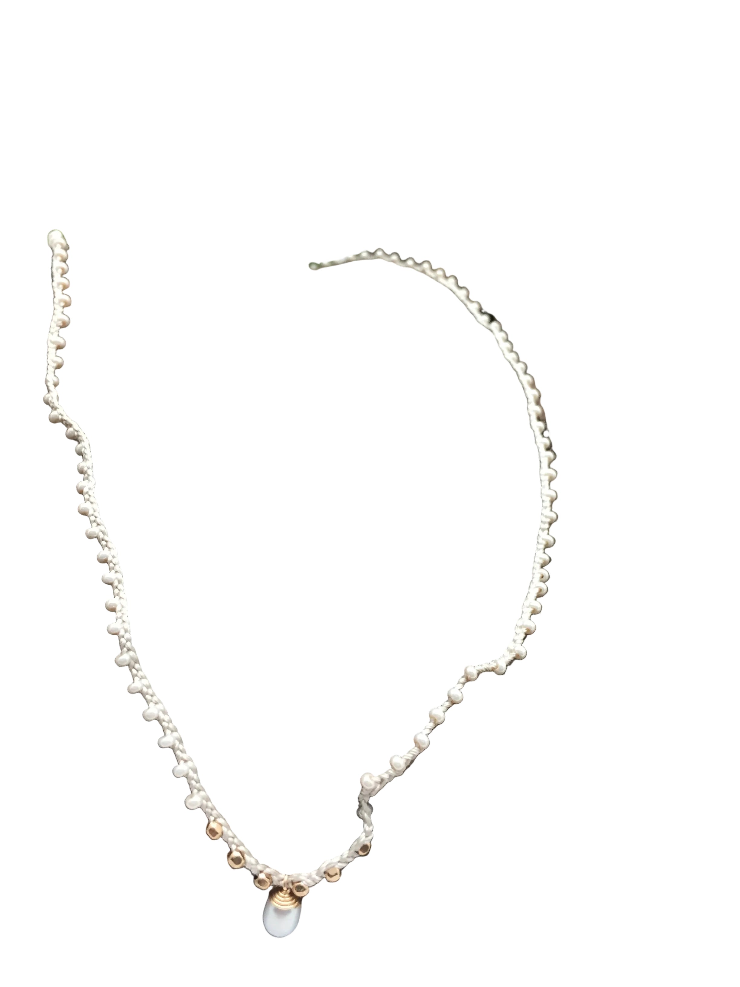Bohemian Gold Filled Braided Silk Thread Necklace with White Rice Pearl