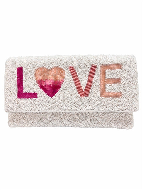 WHITE Love With Ombre Heart Beaded Clutch